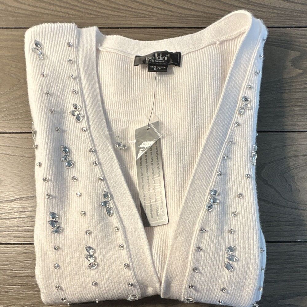 Beldini Women’s White Knit V-Neck Long Sleeve Pullover Sweater Rhinestone S